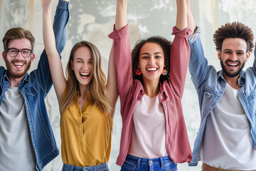 Obraz premium Collaborative Success, Employee appreciation day concept banner, multiethnic young people celebrating success by putting hands up, Teambuilding in office, employees join hands for teamwork.