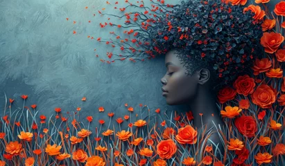 Poster Beautiful african american woman in profile with flowers and flowers in her hair. Nature and ecology concept © foto.katarinka