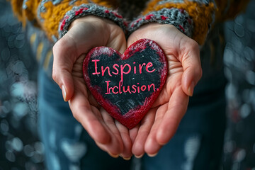 Inspiring Inclusiveness, Handwritten text on hands background showing heart.