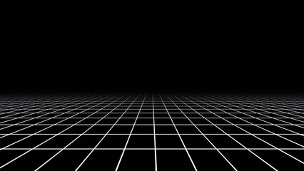 3d abstract black and white background. Retrowave retro way 80s 90s futuristic videogame sci-fi grey laser neon grid surface. Wireframe in dark space isolated black landscape. Disco music template