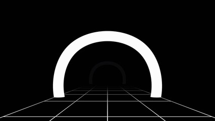 3d Abstract light Through the Tunnel white and black glow neon to the sky. Synthway retrowave 80s 90s grey futuristic sci-background.
