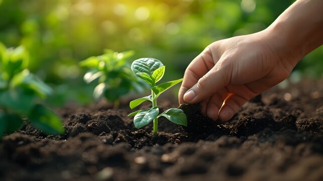 hands holding seedling, a person is holding a plant in the dirt with a hand on it, and a person is standing over the plant