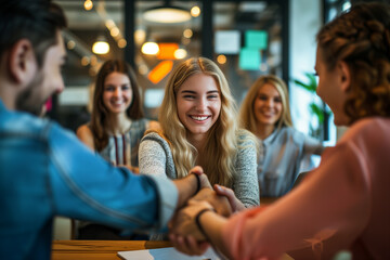 Obraz premium Collaborative Success, Employee appreciation day concept banner, multiethnic young people celebrating success by putting hands together, Teambuilding in office, employees join hands for teamwork.