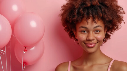 Beauty black girl with pink air balloons over pink background. Happy Valentines day. Joyful model smiling and holding ballons in shape of heart.