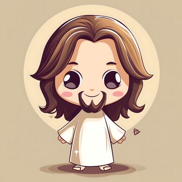 Cartoon drawing of an anime chibi Jesus standing up while smiling on a minimalist background. Concepts of Jesus, religion, childhood and chibi anime.
