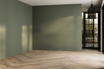Blank dark green wall in house, parquet in sunlight for luxury interior design decoration, home...