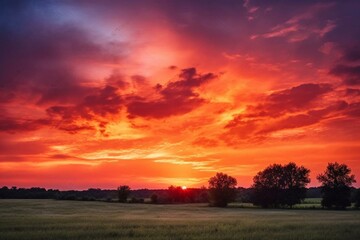 Expansive sunrise with vibrant clouds. Generative AI