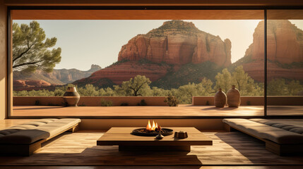 Beautiful and clean virtual background or backdrop for yoga, zen, meditation room space with serene and calm natural organic scenic outside desert red rock Sedona view - obrazy, fototapety, plakaty