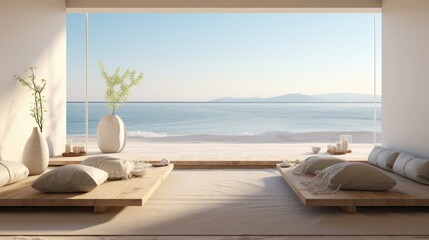 Fototapeta na wymiar Beautiful and clean virtual background or backdrop for yoga, zen, meditation room space with serene and calm natural organic scenic outside ocean sea view