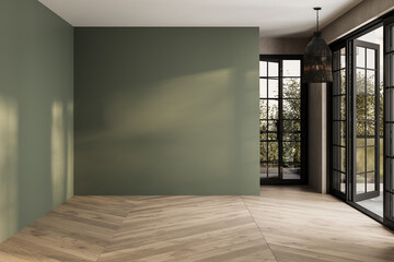 Blank dark green wall in house, parquet in sunlight for luxury interior design decoration, home...