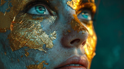 Close up portrait of a beautiful woman with bright golden make up