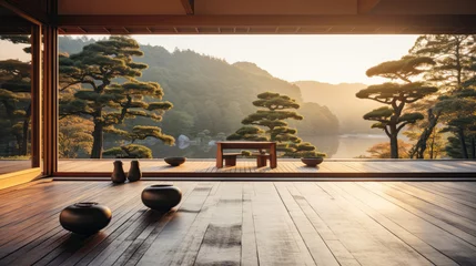 Foto op Canvas Beautiful and clean virtual background or backdrop for yoga, zen, meditation room space with serene and calm natural organic scenic outside water view © Andrea