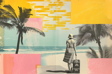 Abstract contemporary art paper collage. Tourist with suitcase on sea beach. Travel concept. Generative AI
