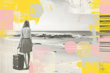 Contemporary halftone paper art collage of girl with suitcase on ocean beach. Summer travel concept. Generative AI - obrazy, fototapety, plakaty