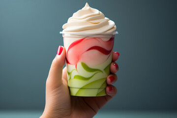 Woman holding plastic cup of strawberry matcha frozen yogurt or soft ice cream - Powered by Adobe