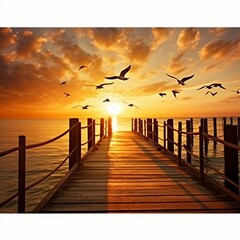 Sunset sea beach, summer sunrise landscape