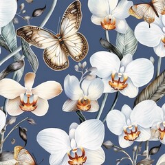 seamless pattern with butterflies Orchid flowers, snails, butterflies, watercolor, cute, fabric pattern, seamless, winter
