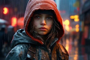 A girl in a jacket with a hood stands in the rain - obrazy, fototapety, plakaty