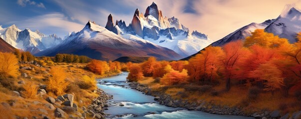 Patagonia landscape of Andes mountain in Torres del Paine, Chile. Generative ai - obrazy, fototapety, plakaty