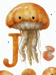 Cute illustrated jellyfish with decorative letter "J" in childlike caricature.
