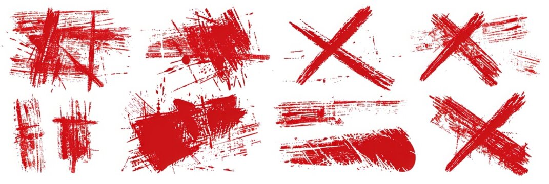 Grunge red strike through and underline elements. Set of hand drawn red pencil lines and strokes. Doodle vector graphic elements. Typography ink brush lines. Crosses and curved strokes.