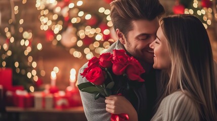 Loving couple embracing and holding roses and gift box while celebrating Valentines Day at cozy home - obrazy, fototapety, plakaty
