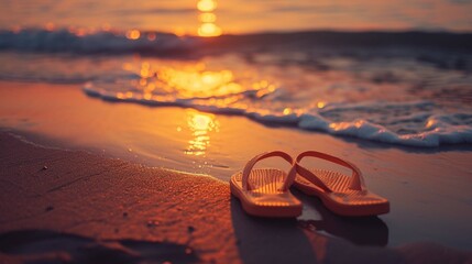 Fototapeta na wymiar Orange flip flops on beach
