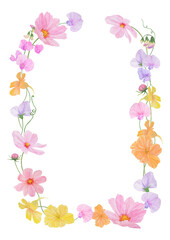 Watercolor botanical colourful frame of summer and autumn flowers: pink and lilac lathyrus and yellow and orange nasturtium. Hand drawn clipart for wedding print products, paper, invitation, greeting