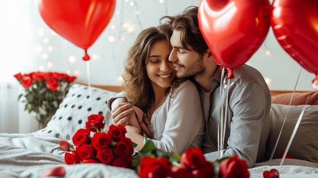 Loving couple embracing and holding roses and gift while leaning on bed with heart shape balloons