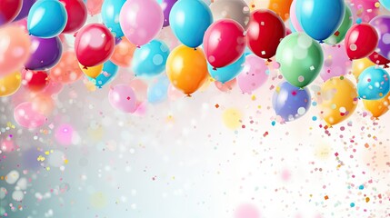 Colorful balloons and confetti on a white backdrop