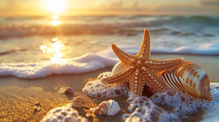 starfish and seashell on the summer beach in sea water. - obrazy, fototapety, plakaty