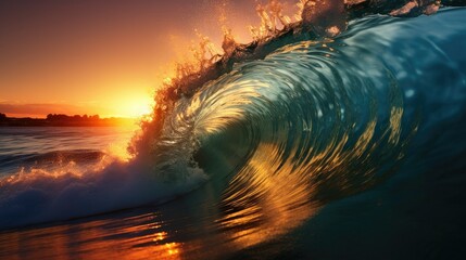 Golden sunset illuminating a powerful wave in the ocean