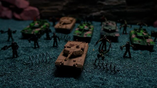 Tanks And Soldiers Are Ready For Battle. Lightning in the desert. Desert Storm. War between troops. Fog between troops and warriors. Toy Soldiers And Tanks.