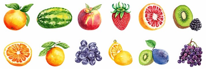 Illustration set of felt tip pen childlike drawings of fruit and nature isolated on white background. 