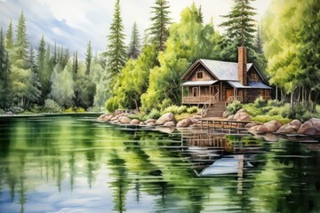 Fototapeta premium Serene cabin by a lake surrounded by lush green forest