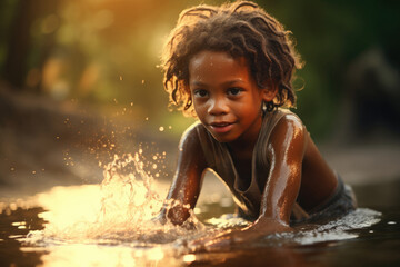 Young African child delighting in water play as sun sets,capturing the essence of carefree summer days.Concept for Black History Month.For educational materials, cultural presentations.World Water Day