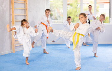 Kids during karate training. Martial arts. Sport, active lifestyle concept