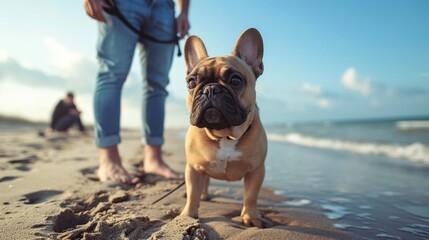 French Bulldog enjoying beautiful day at beach with his owner