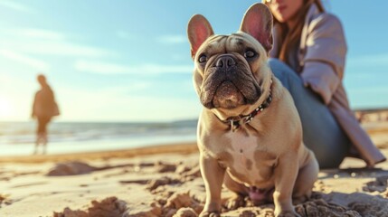 French Bulldog enjoying beautiful day at beach with his owner