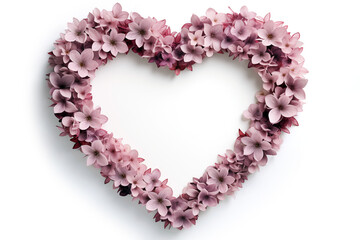 Heart made of pink sakura flowers on white background, top view