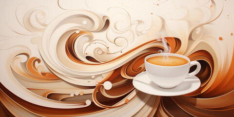 Coffee 3D abstraction in light colors, a white cup of coffee against a background of patterns of soft waves