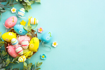 Easter eggs in the nest on blue background. Easter decor. Flat lay image with copy space.