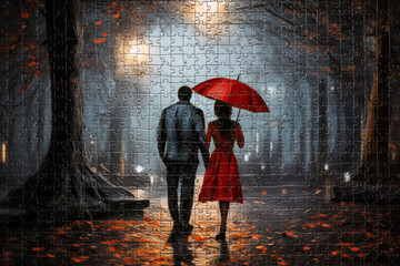 Silhouette of a man and a woman in a red dress with an umbrella in the rain, jigsaw puzzle - obrazy, fototapety, plakaty