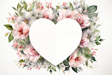 Heart shaped frame made of pink and white flowers and green leaves on white background