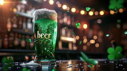 A glass of traditional Irish green beer for St. Patrick's Day stands on the bar counter, next to a clover leafs. With the text 