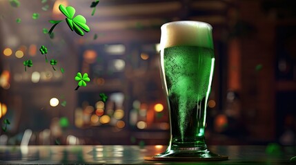 A glass of traditional Irish green beer for St. Patrick's Day stands on the bar counter, next to a lucky four-leaf clover leaf