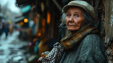 Lonely poor abandoned homeless old woman with a sad, extinct look stands on a cold street