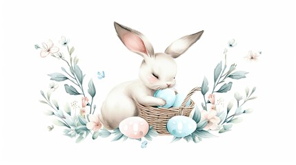 Little cute Easter bunny collects eggs in a basket for the Easter holiday. Easter cozy cute botanical minimalistic pastel watercolor illustration