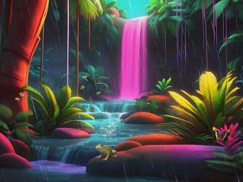illustration of a fantasy forest waterfall scene in neon style colors with a calm and peaceful atmosphere