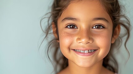 Indian beautiful young girl in braces smiles happily. Taking care of dental health, oral hygiene. Advertising for pediatric dentistry - obrazy, fototapety, plakaty